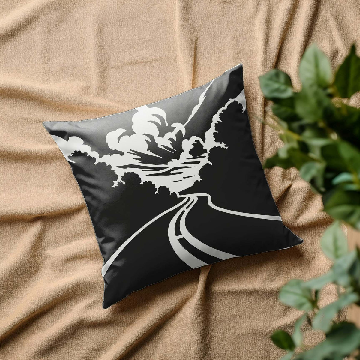 Sunlit Forest Highway View Stencil with winding road displayed on a pillow