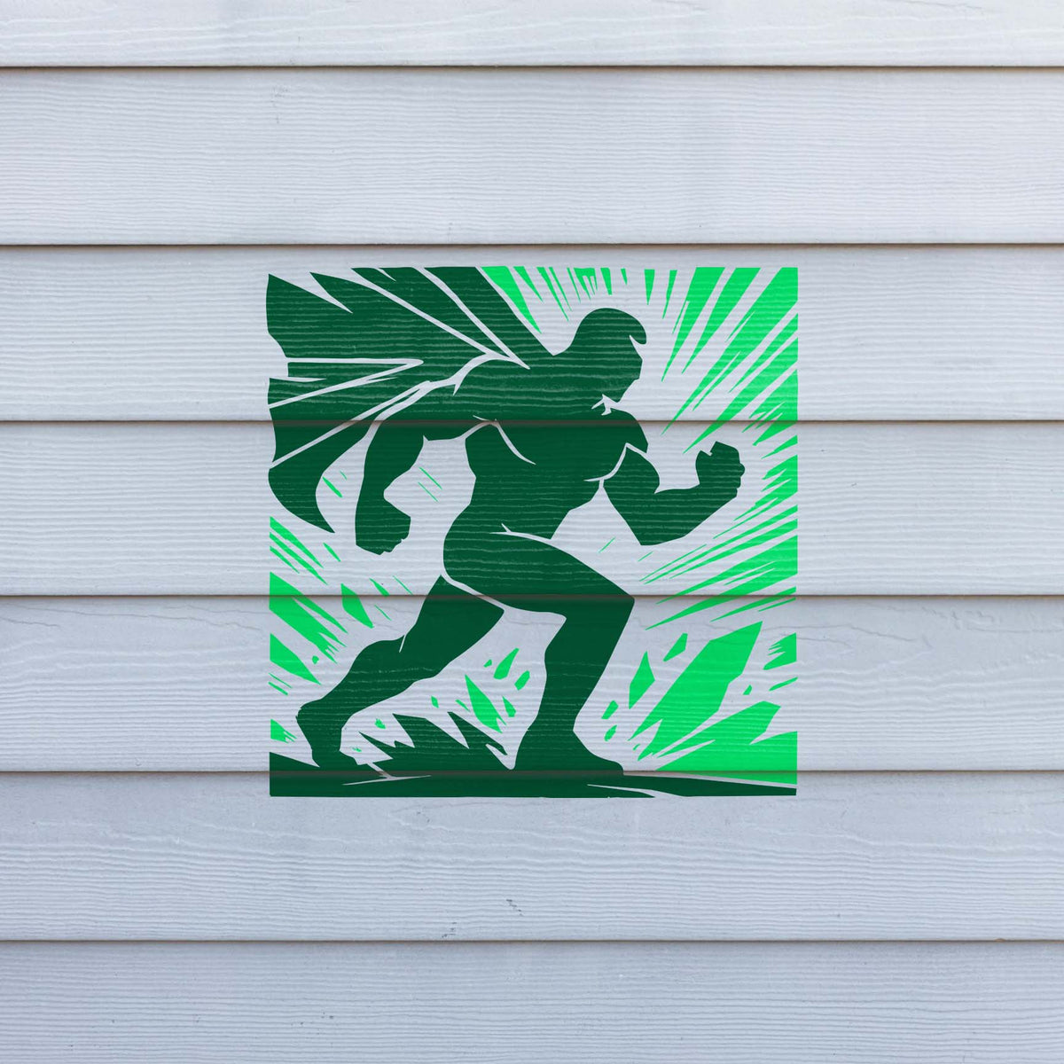 Bright green Dynamic Superhero Silhouette Stencil charges across clean white exterior siding