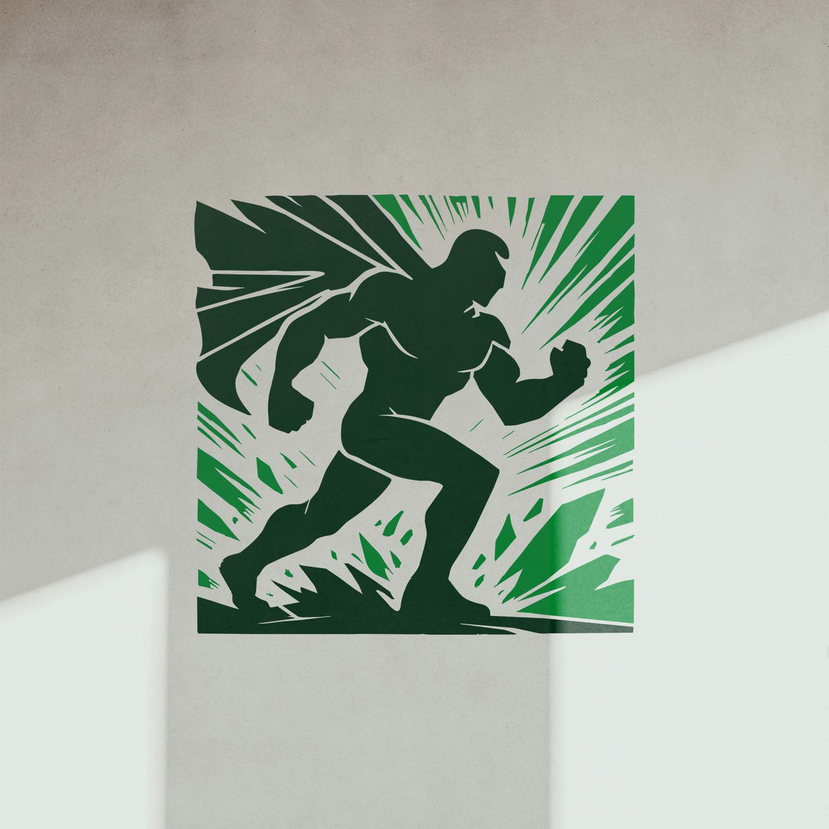 Sunlight frames the Dynamic Superhero Silhouette Stencil in green on a modern white wall