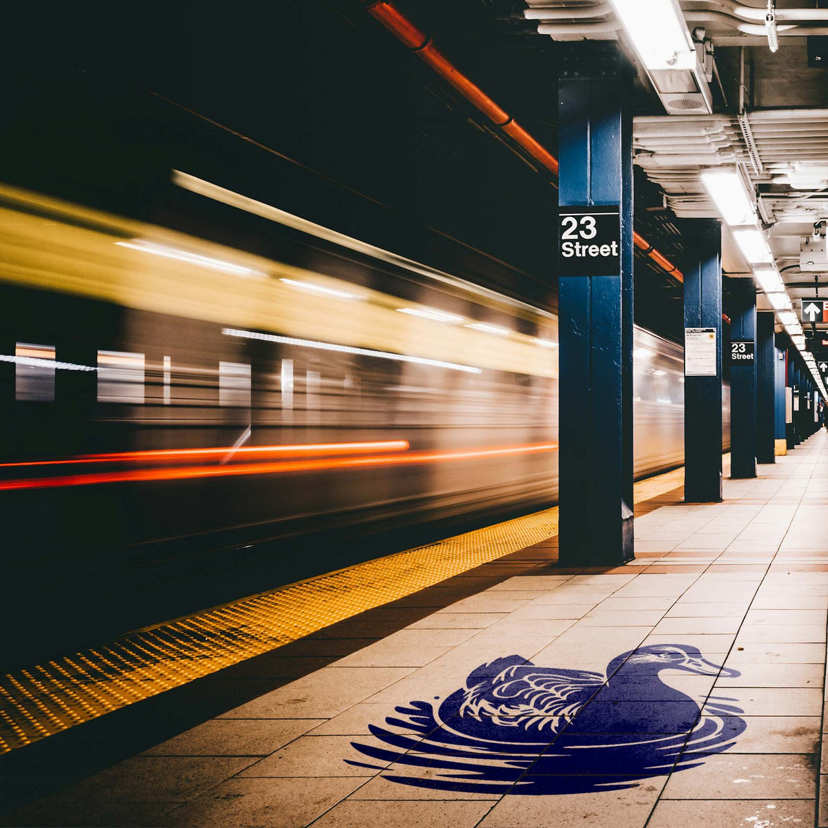 A blue Swimming Mallard Duck Stencil glides across the tiled subway platform in a rippling water design.