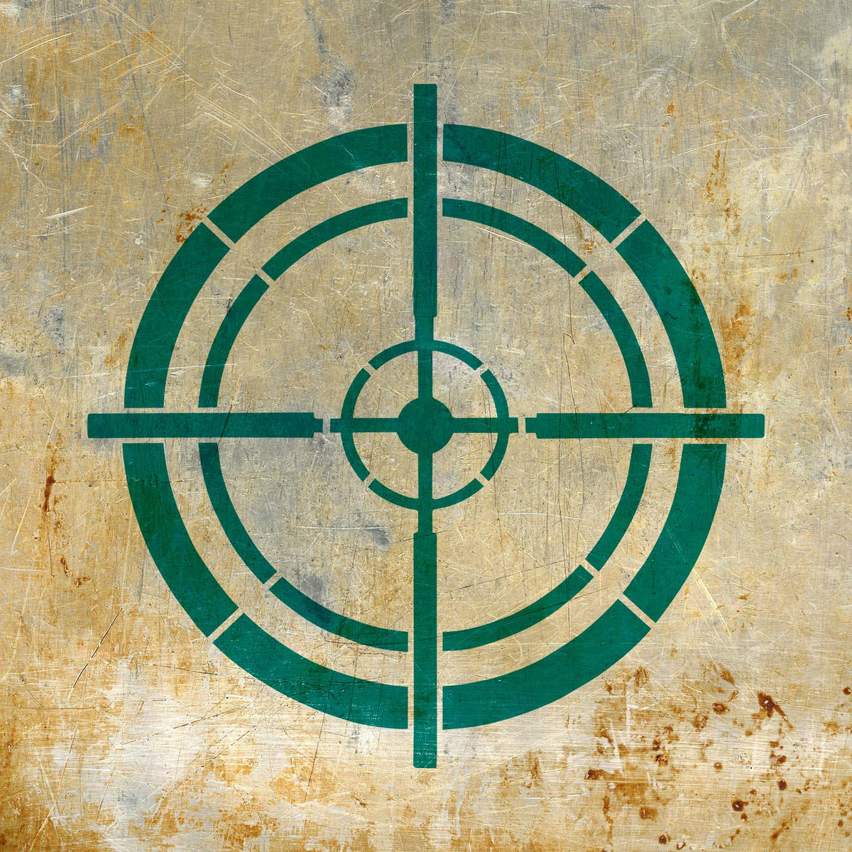 Tactical Crosshair Reticle Stencil adds a bold green aiming design across scratched metal