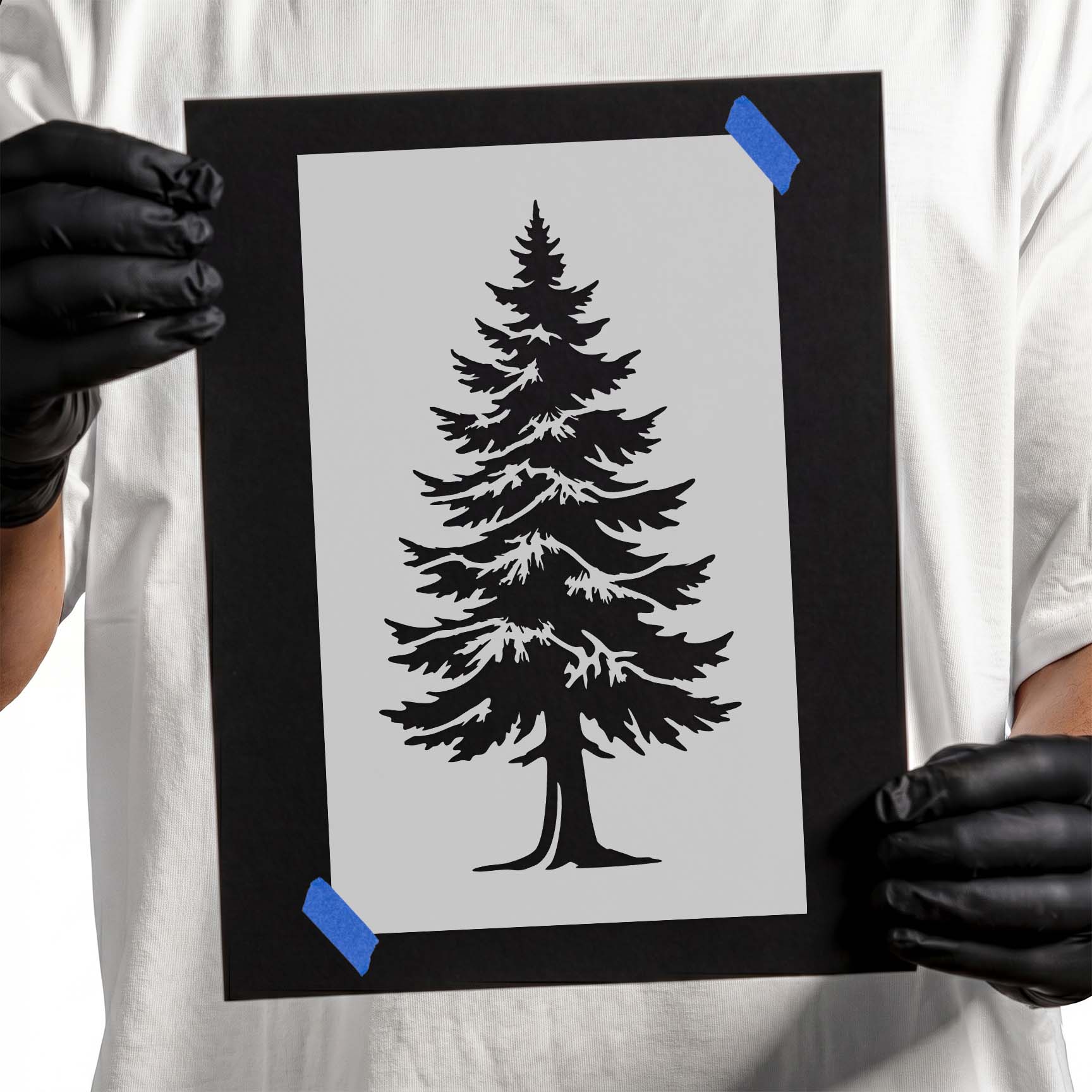 Tall pine tree stencil with layered evergreen branches and trunk