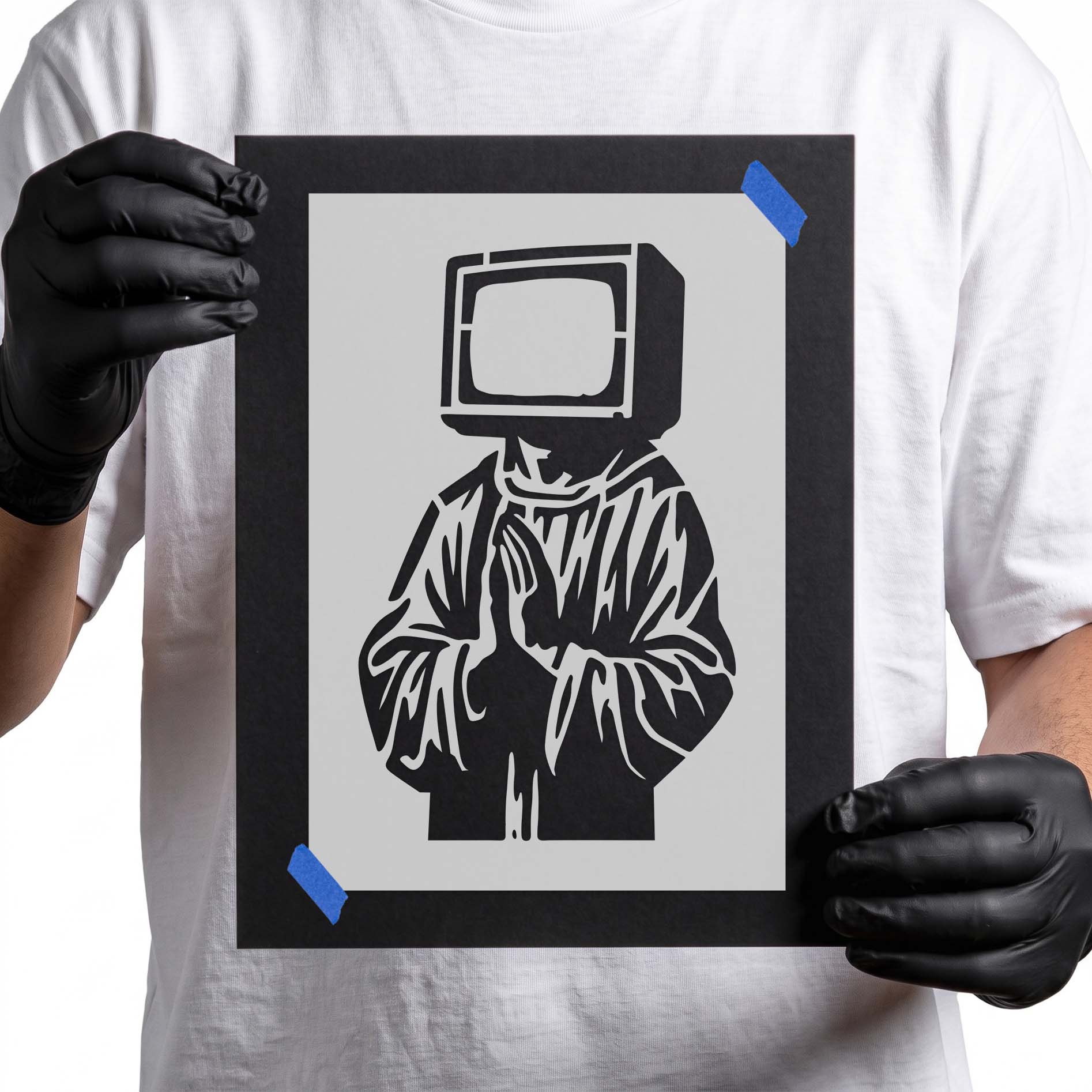 Praying monk wearing a retro television set instead of a human head
