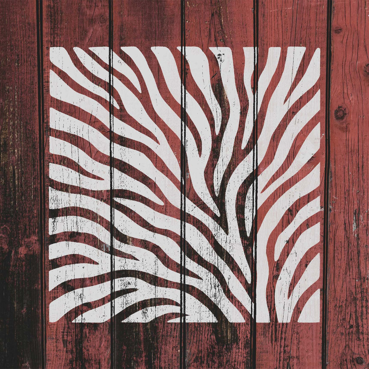 White Tiger Stripe Pattern Stencil creates sweeping stripes across rustic red wood