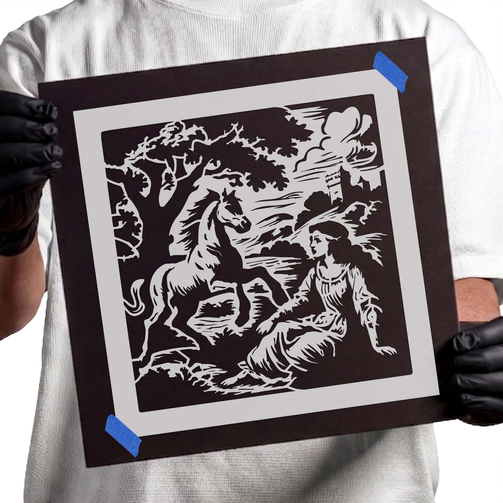 Toile style lady with rearing horse countryside stencil
