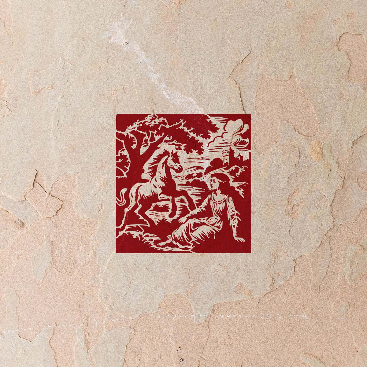 Toile Horse & Lady stencil with rearing horse, seated woman, tree, and scenic landscape on stucco wall