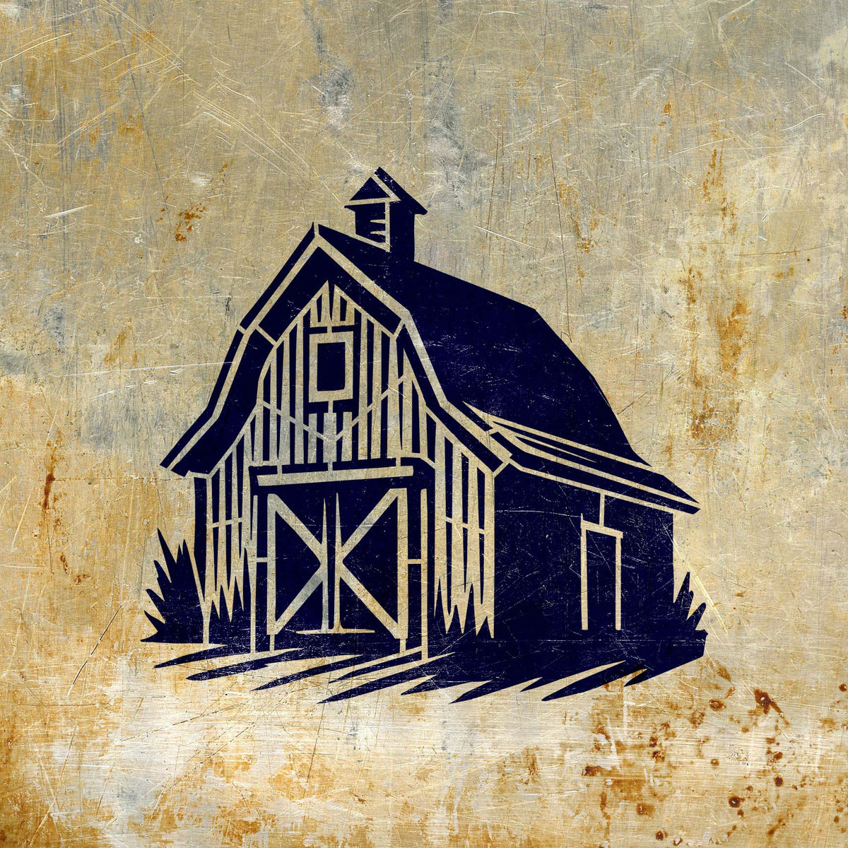 Traditional Wooden Barn Stencil shown in dark blue on a scratched metal background.