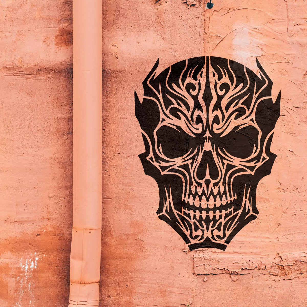 Bold Tribal Gothic Skull Stencil decorates a textured salmon wall with dramatic tribal lines