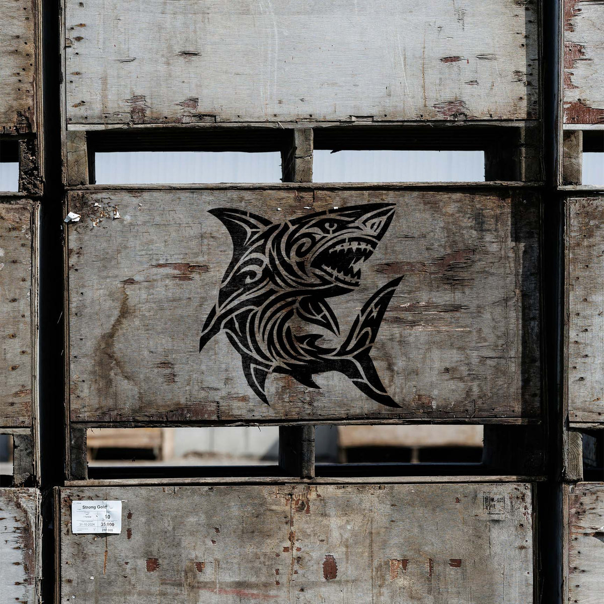 Tribal Great White Shark Stencil painted boldly across a weathered wooden crate panel