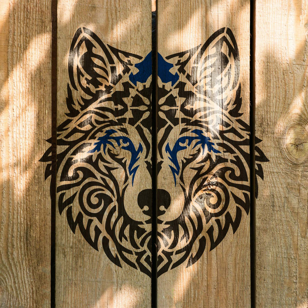 Tribal Mandala Wolf Head Stencil painted on rustic wood planks