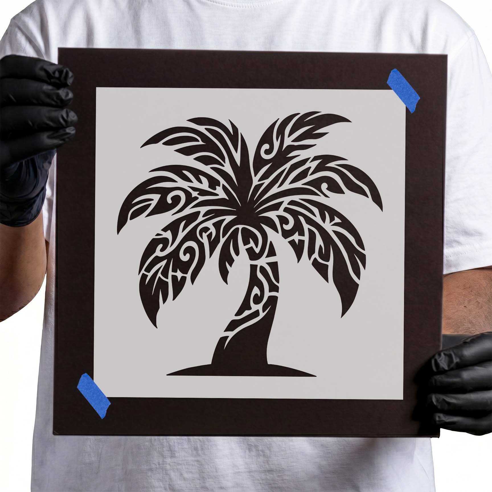 Tribal palm tree reusable stencil with decorative tropical design
