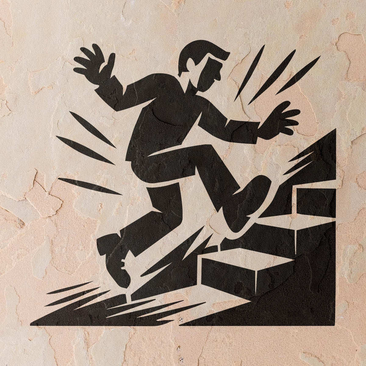 A weathered stucco wall features the Trip Hazard Warning Stencil with a bold stumbling figure.