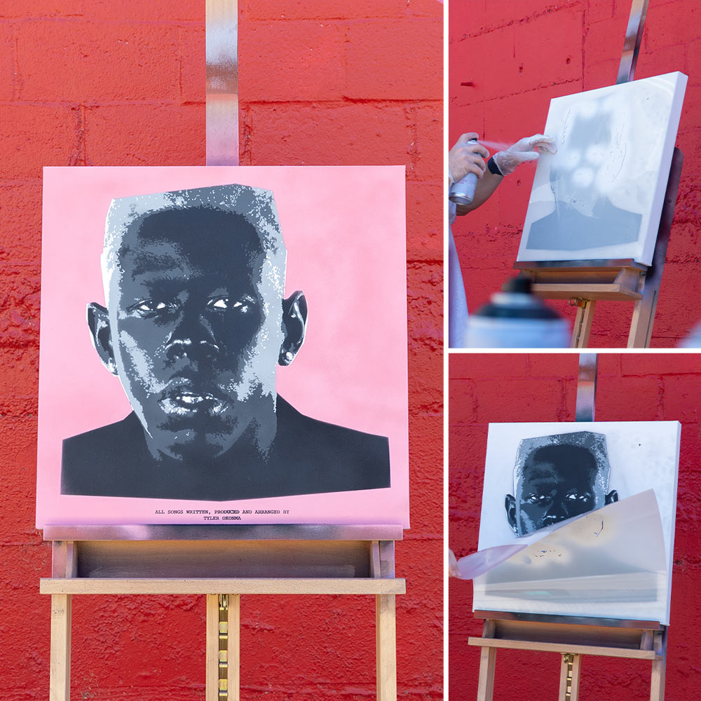 stencil portrait being painted with stencils
