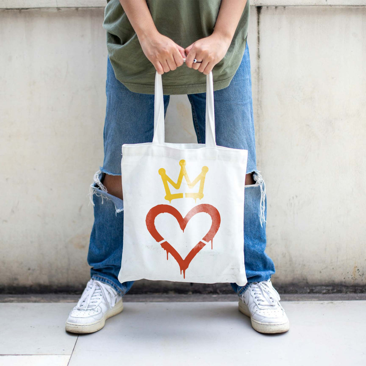 A white tote bag features the Urban Crown Heart Stencil with a crowned graffiti-style heart