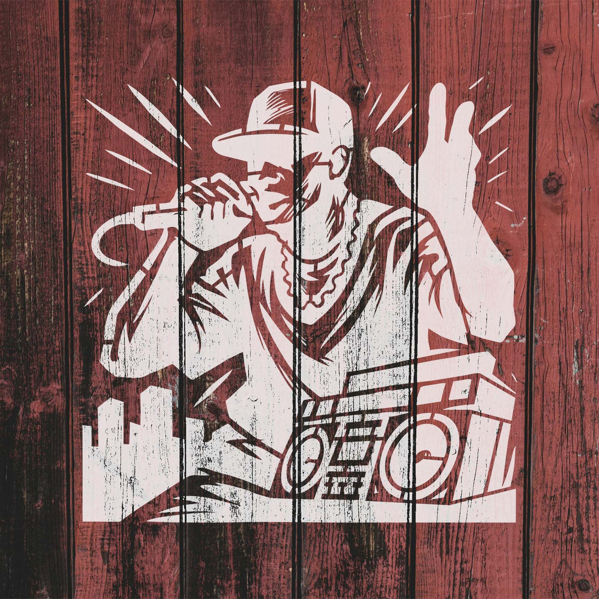 Against weathered red wood, the Urban Hip Hop Performer Boombox Stencil features a rapper and retro stereo.