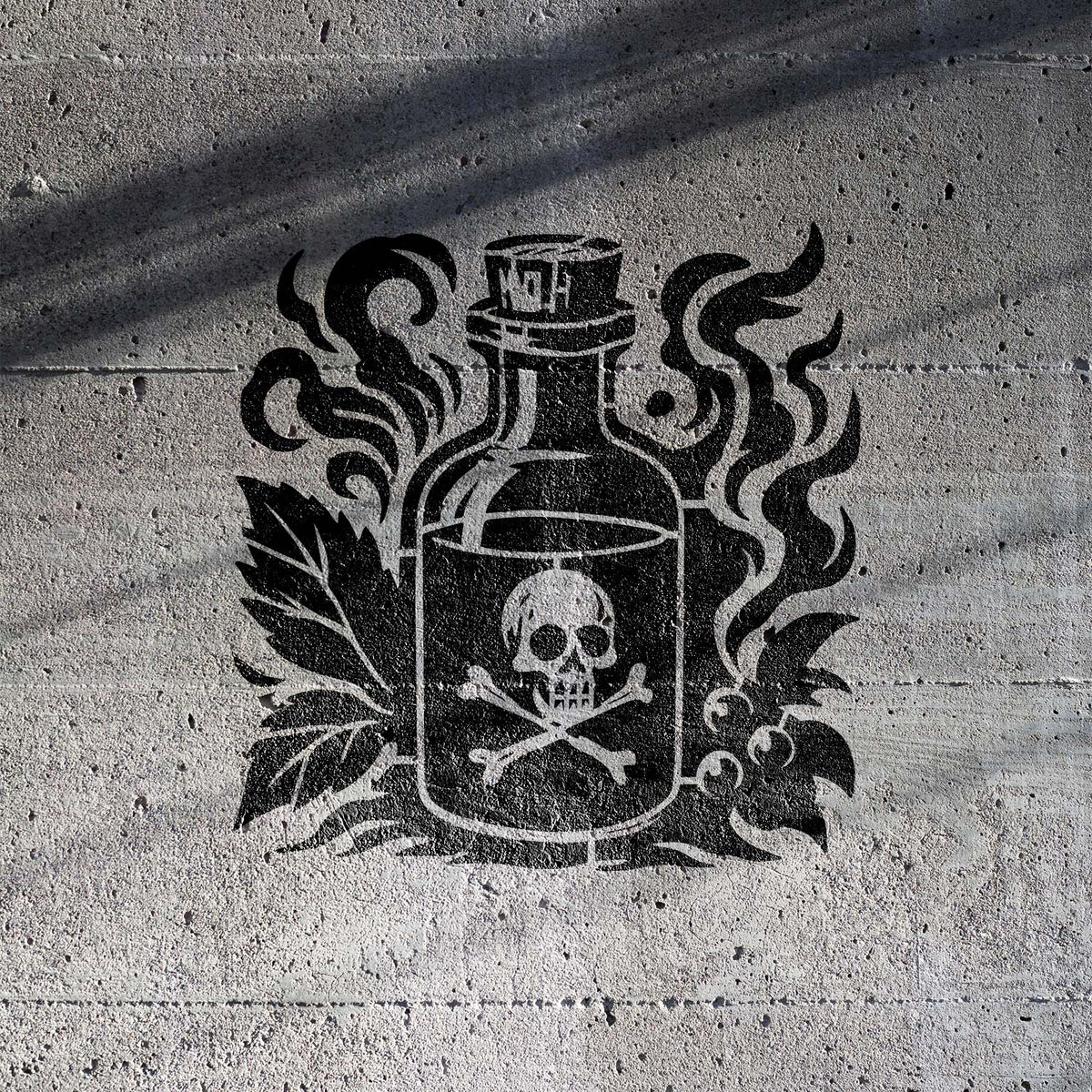 Vintage Apothecary Poison Bottle stencil casts a sinister skull design on concrete