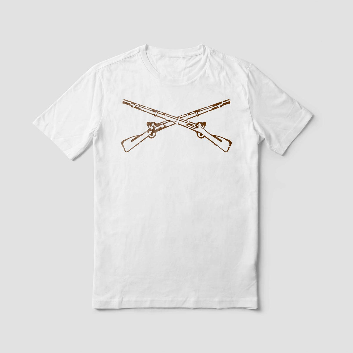 Vintage Crossed Rifle stencil forms a rustic crossed firearm graphic on white shirt