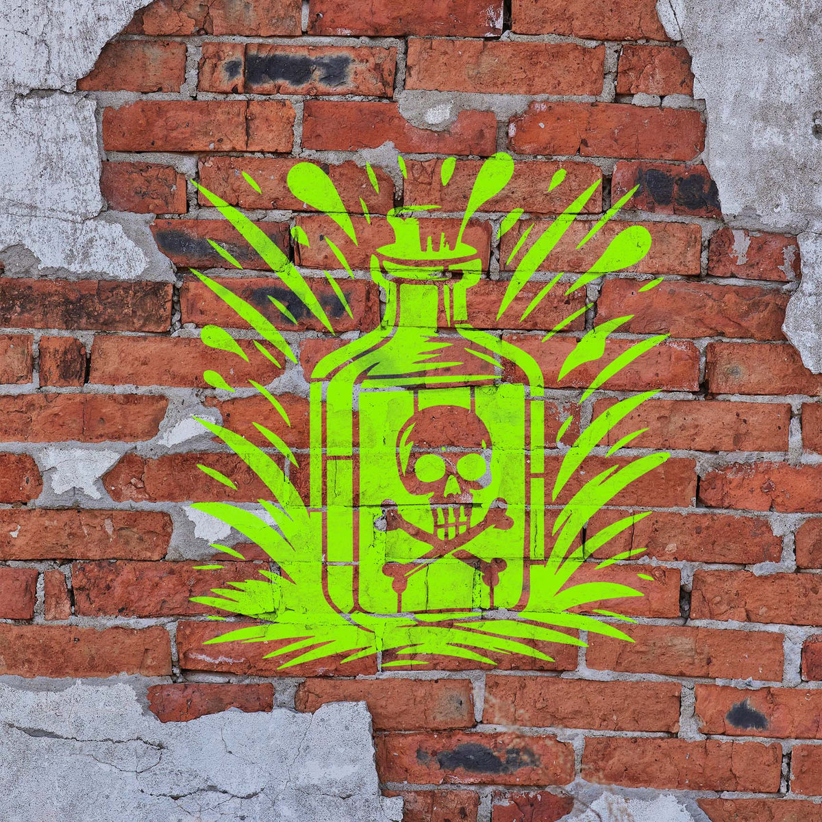 Neon Vintage Poison Bottle Skull & Crossbones Stencil stands out on a weathered brick wall