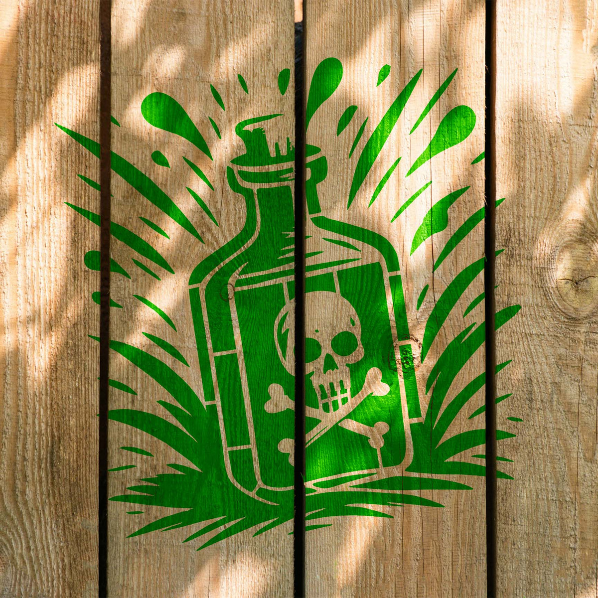 Rustic wood panels feature the Vintage Poison Bottle Skull & Crossbones Stencil in green