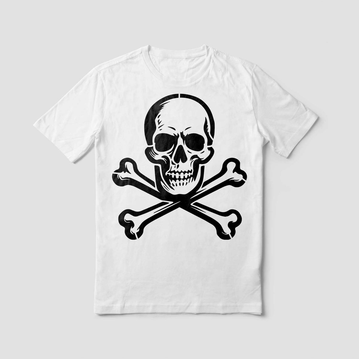Bold Vintage Skull and Crossbones Stencil graphic printed across the front of a white shirt