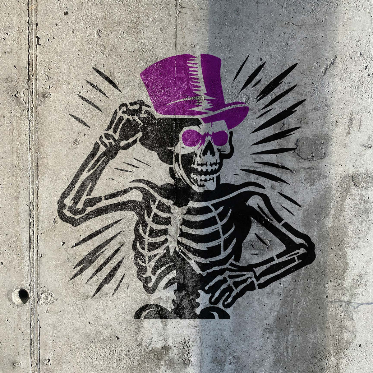 Vintage Top Hat Skeleton Stencil tips a purple hat across a raw concrete wall