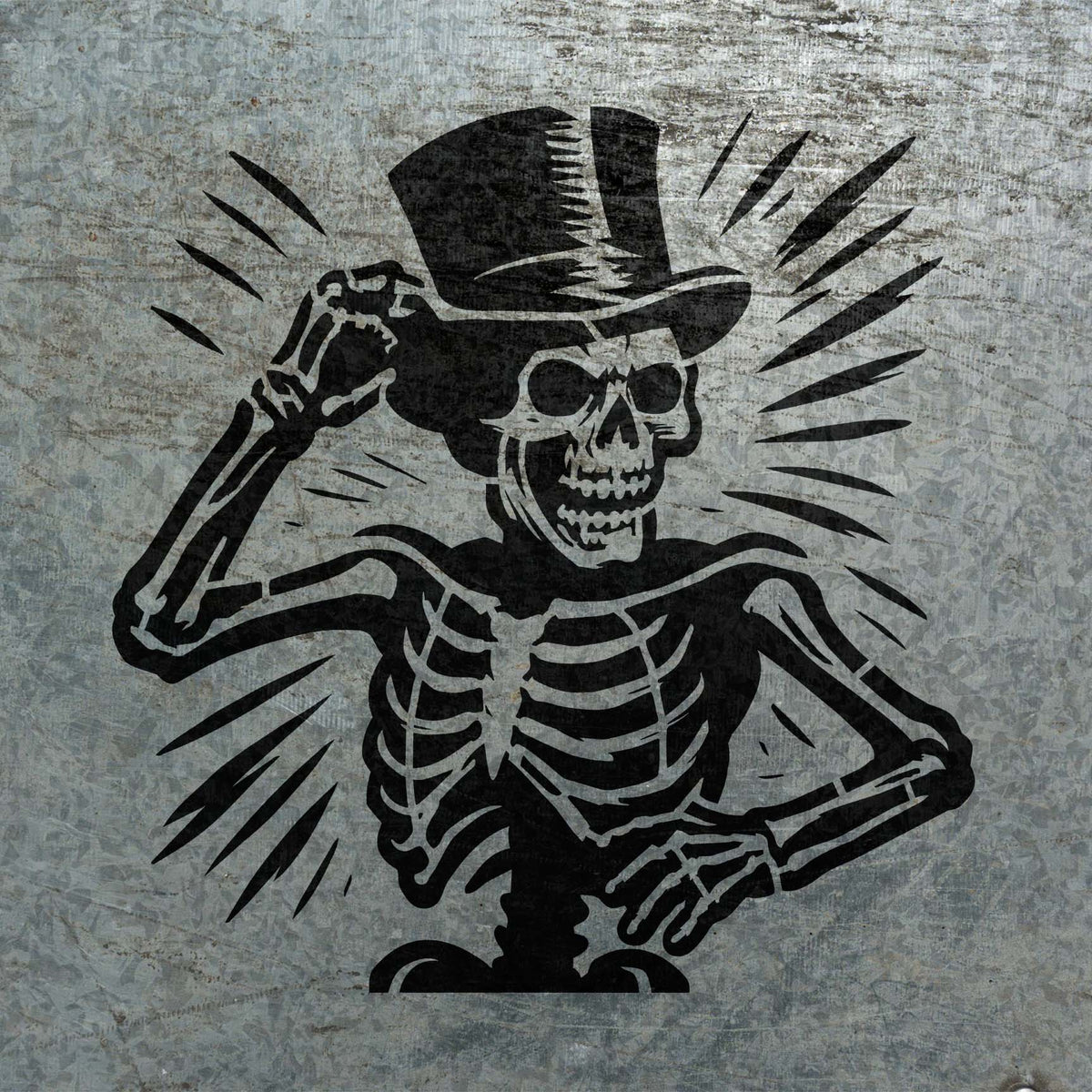 Bold Vintage Top Hat Skeleton Stencil appears in black across a weathered metal surface