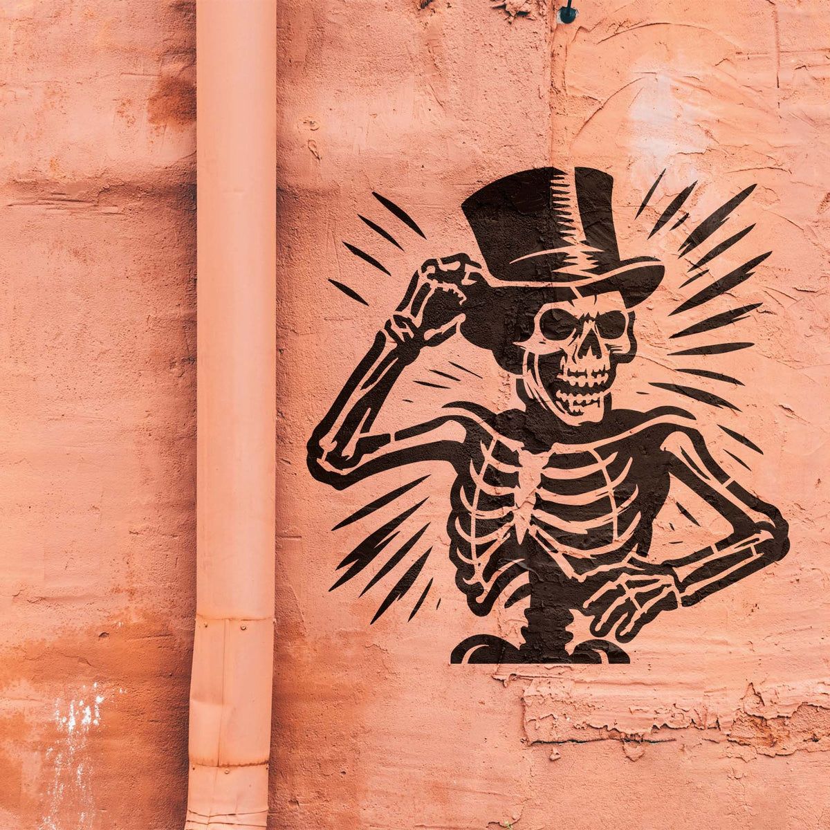 A peach textured wall showcases the Vintage Top Hat Skeleton Stencil in striking black