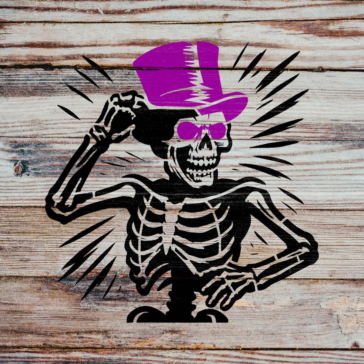 Striking Vintage Top Hat Skeleton Stencil poses with a purple hat on weathered wood