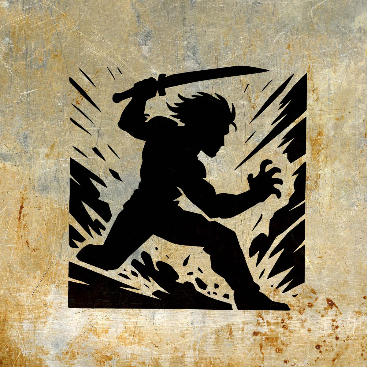 Shadow Blade Warrior Stencil in black on a distressed metal surface with sword raised.