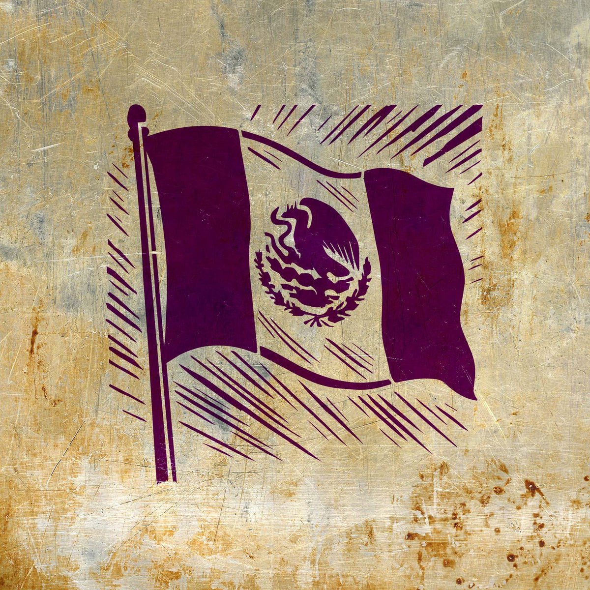 Waving Mexico Flag Stencil painted purple on a distressed metal surface with national emblem