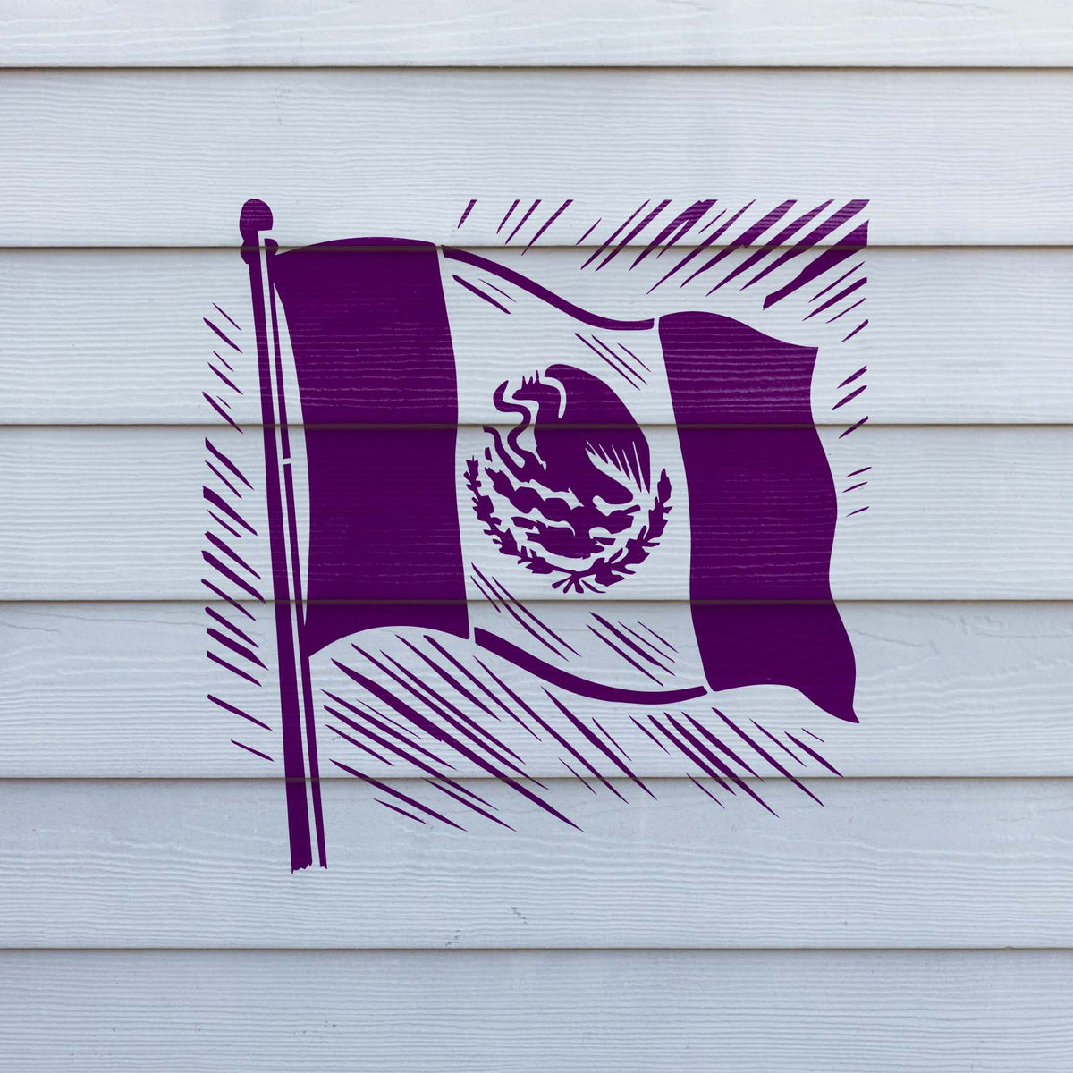 A bold Waving Mexico Flag Stencil appears in purple across white horizontal wall siding