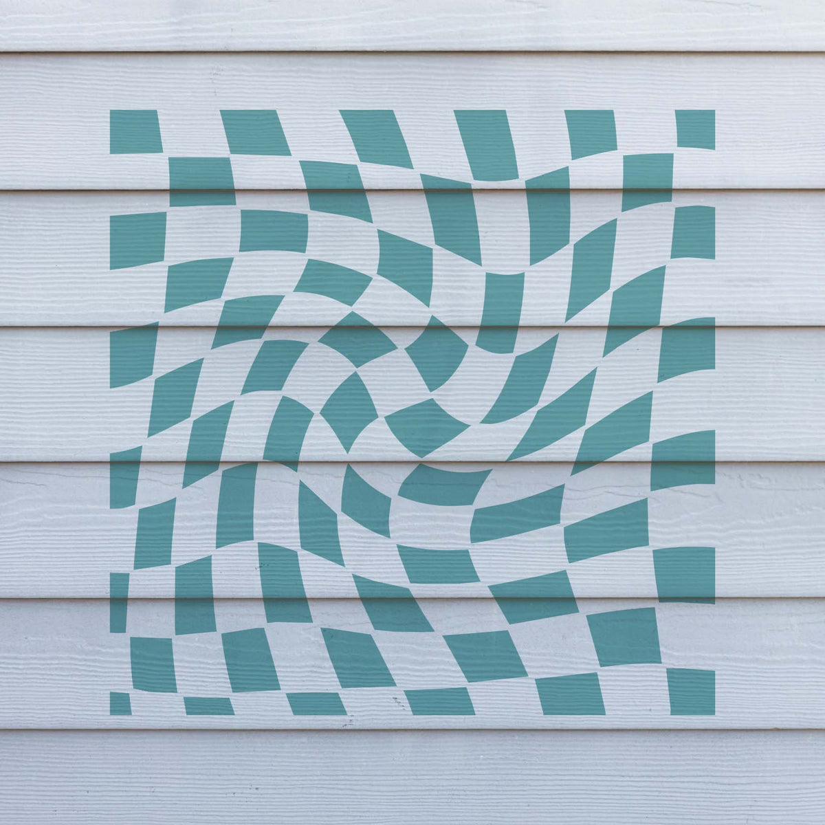 Wavy Checkerboard Stencil creates a flowing teal geometric pattern on white horizontal siding.