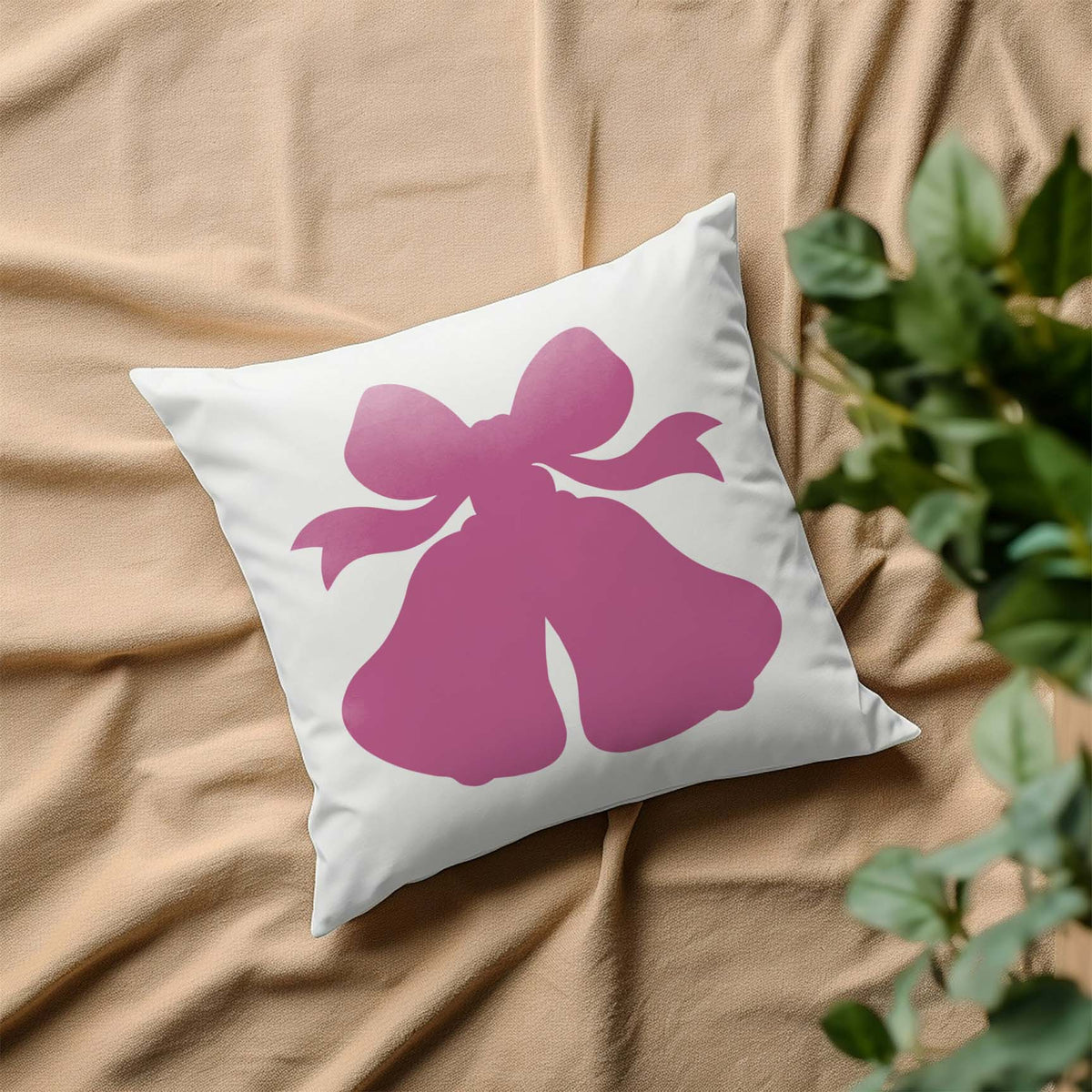 Wedding Bells stencil with ribbon bow painted on white pillow