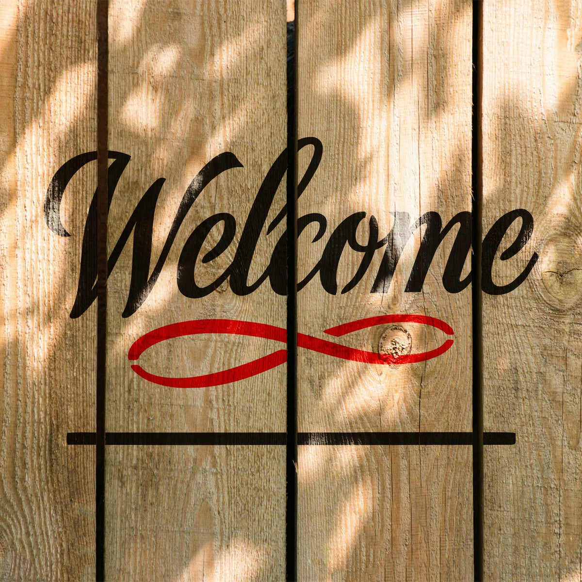 Welcome Script Address Sign stencil with decorative flourish on wooden boards
