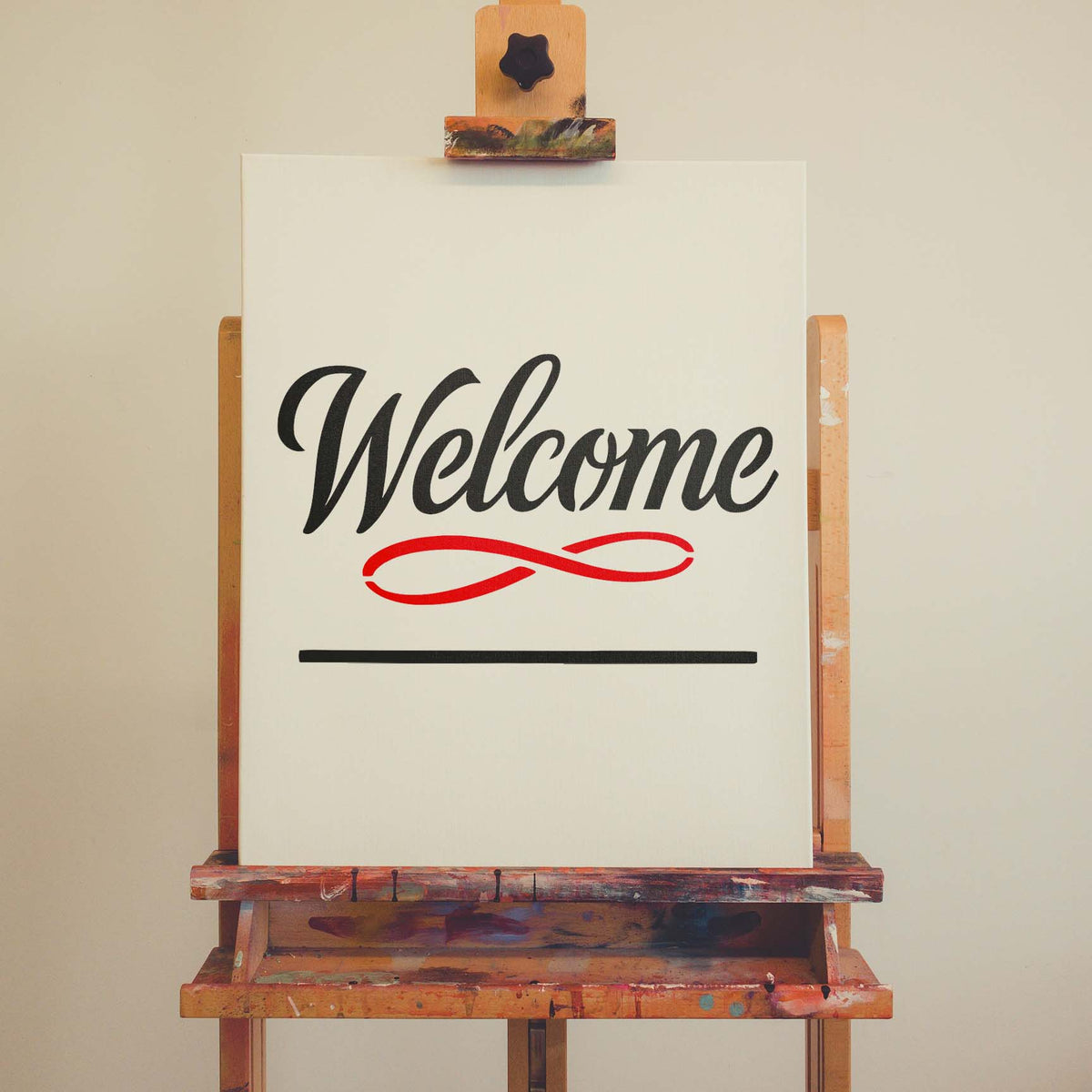Welcome Script Address Sign stencil with decorative flourish on canvas