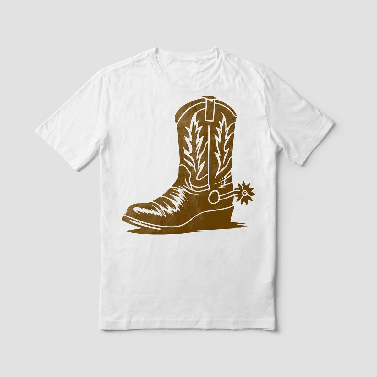 Western Cowboy Boot with Spur Stencil is printed in gold on the front of a white T-shirt.