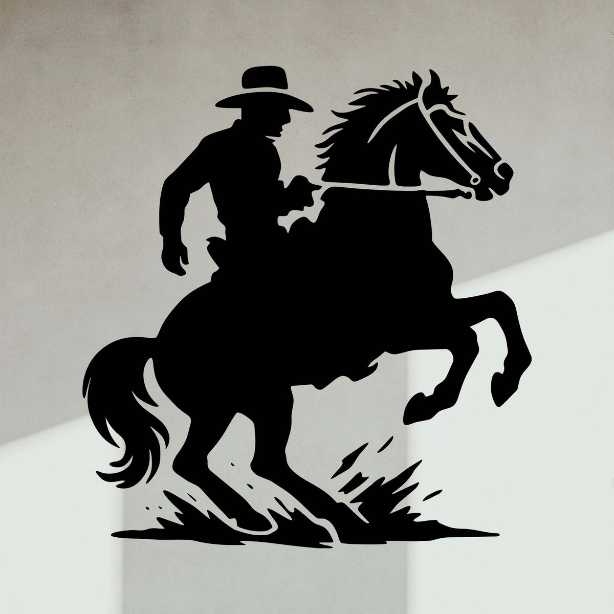 Western Cowboy on Rearing Horse Stencil appears in black on a light wall with a clean backdrop.