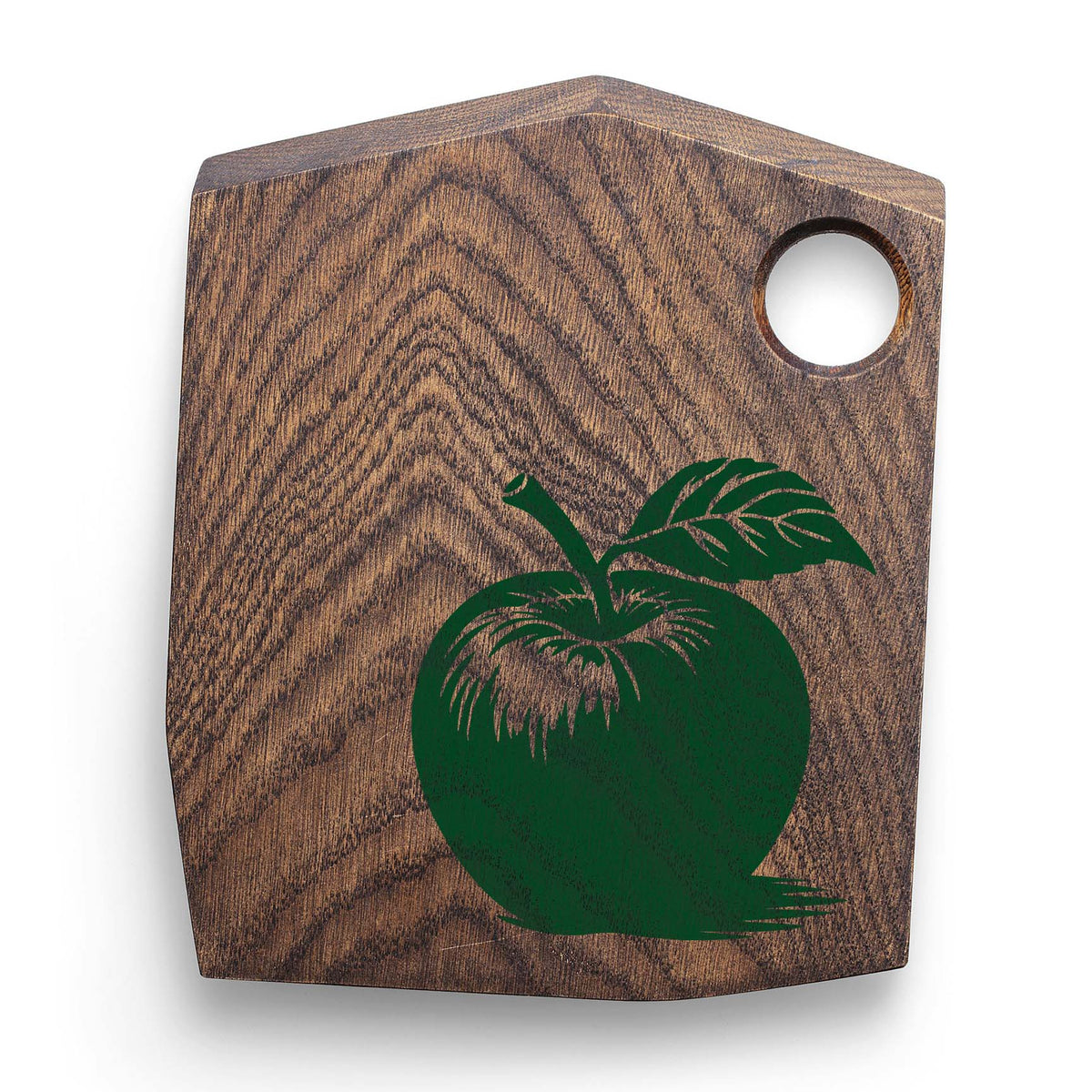 Rustic wood cutting board showcases the Whole Apple with Stem and Leaf Stencil in forest green.
