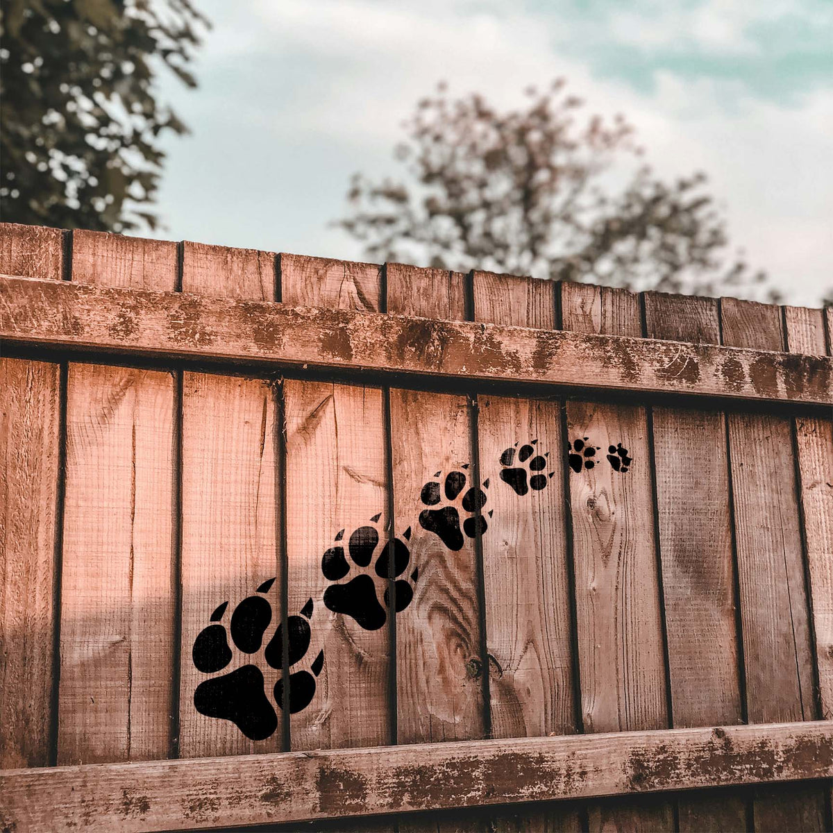 Across a rustic wood fence, Wild Animal Paw Print Trail Stencil tracks shrink into the distance