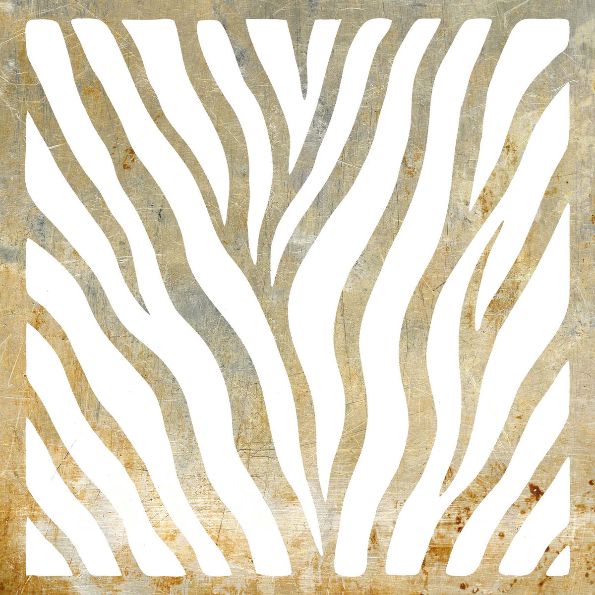 Weathered metal showcases the Wild Tiger Stripes Stencil as a crisp white flowing pattern