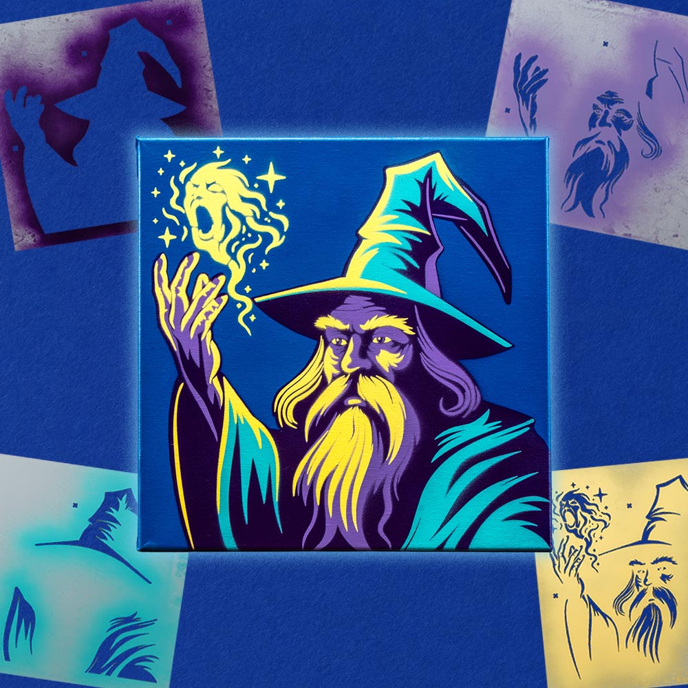 wizard painting with custom layered stencils