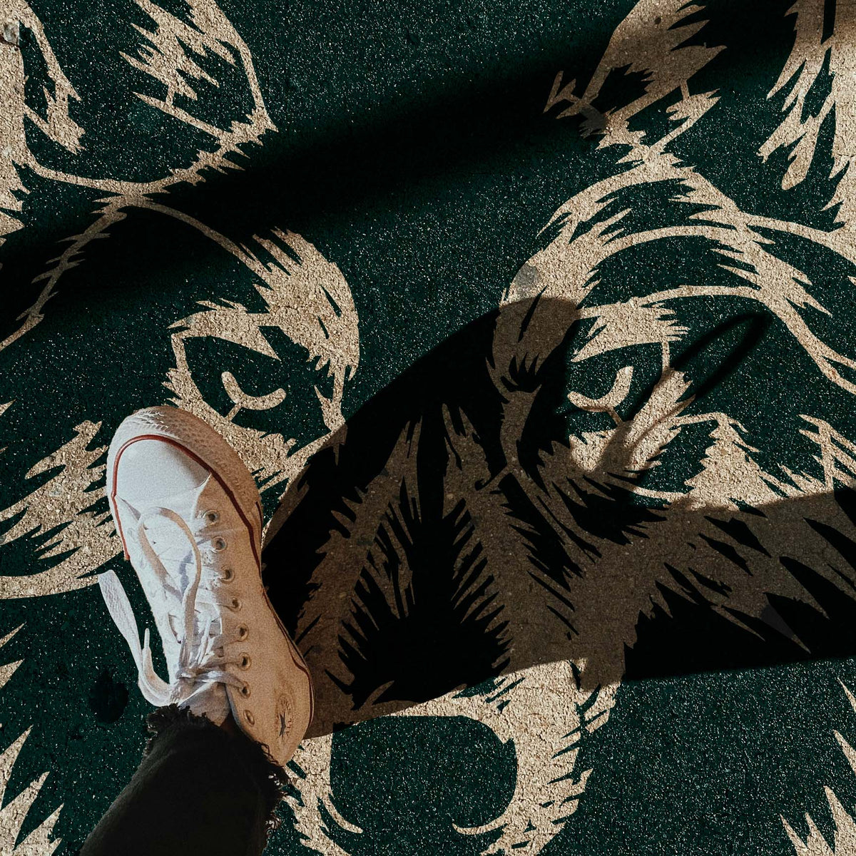 Across a sunlit sidewalk, the Wolf Eyes Close-Up Stencil displays a dramatic wolf gaze beneath deep shadows.
