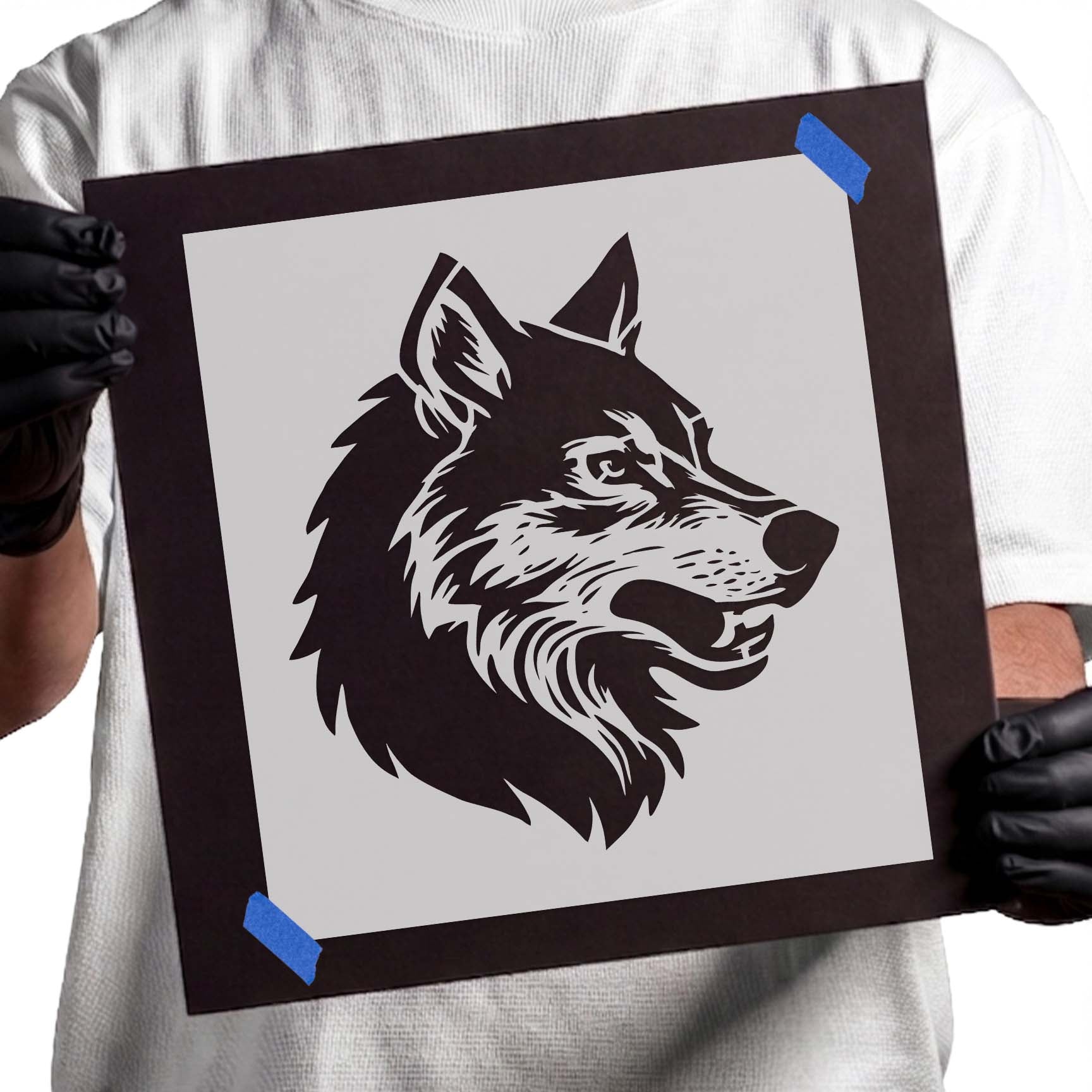 Detailed wolf head profile stencil with bold fur and facial features