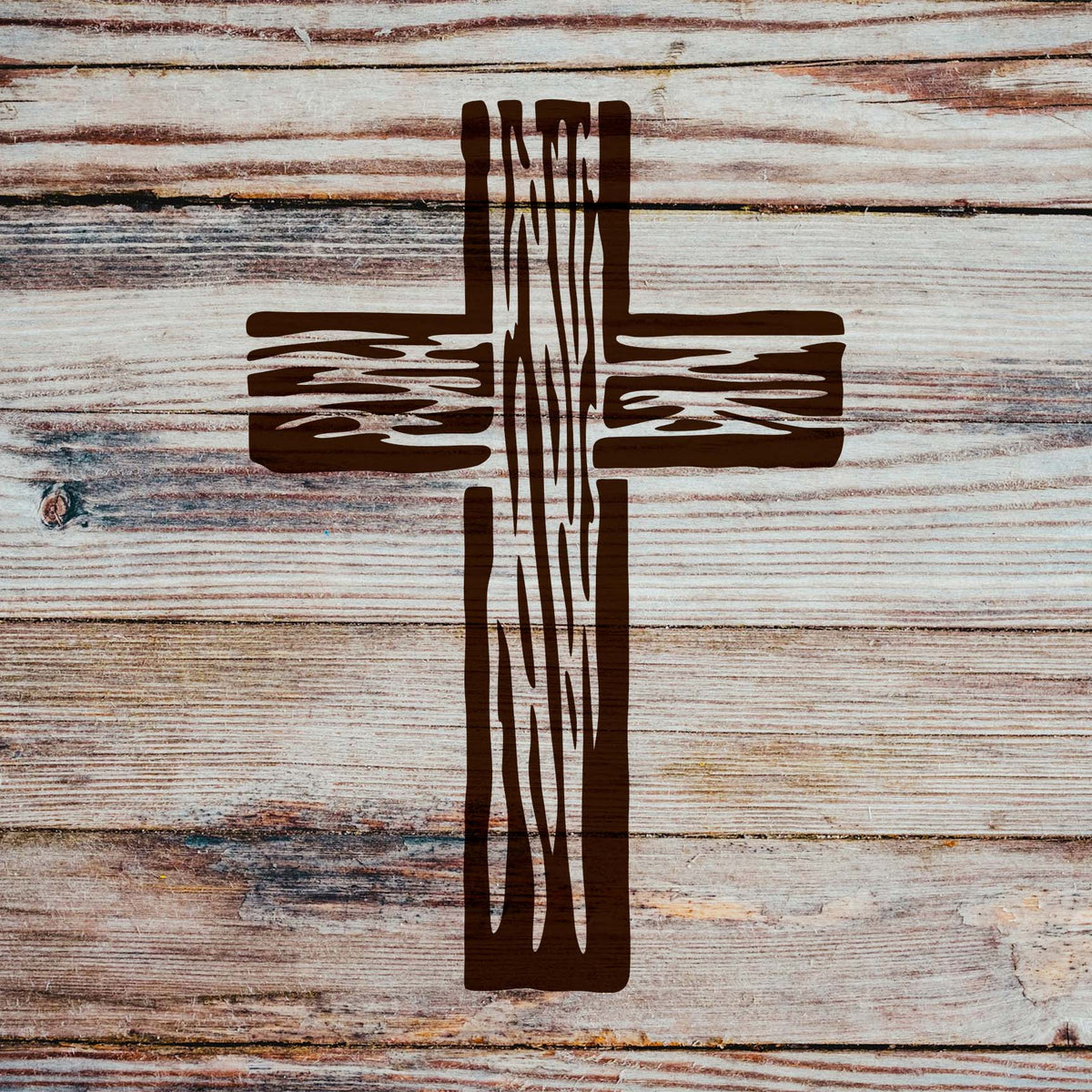 Set on weathered planks, the Wooden Christian Cross Stencil shows a rustic woodgrain cross design