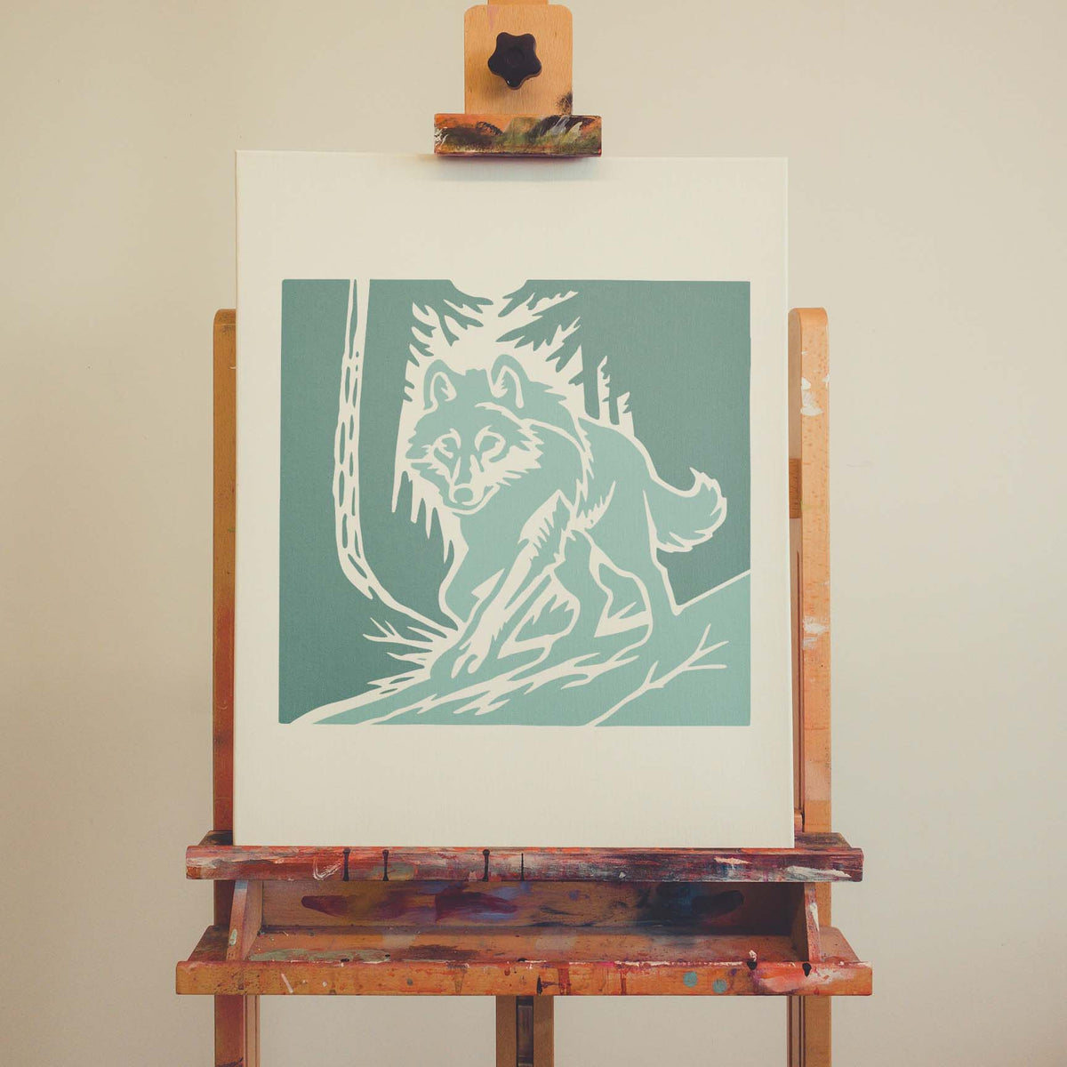 Woodland Wolf Forest Scene Stencil painted on canvas