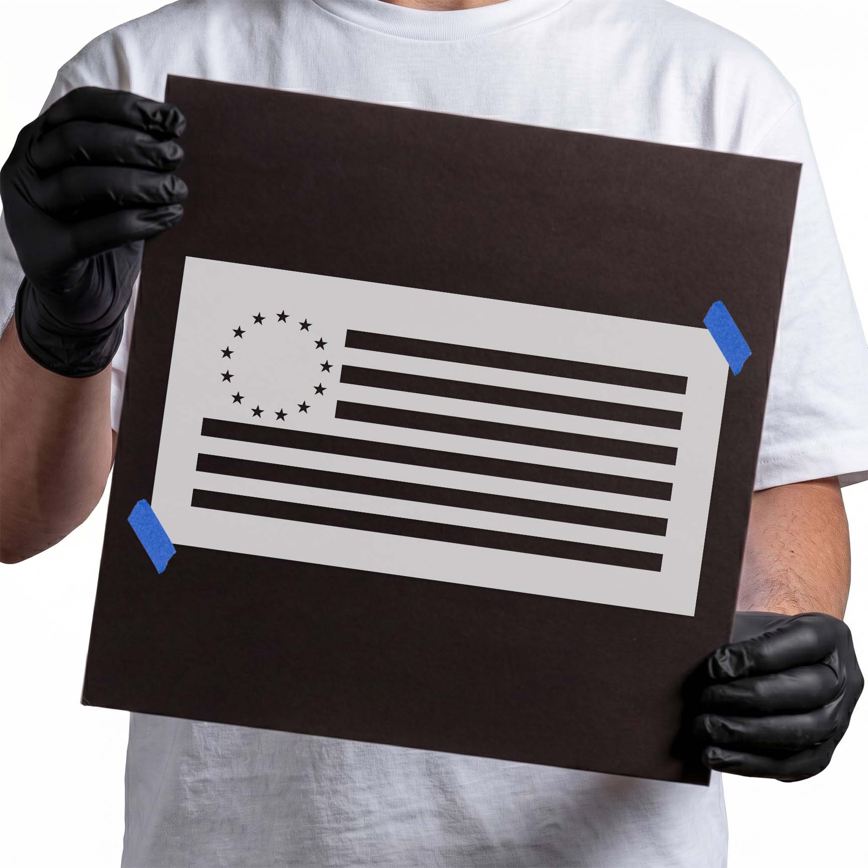Historic American flag stencil with thirteen stars and horizontal stripes