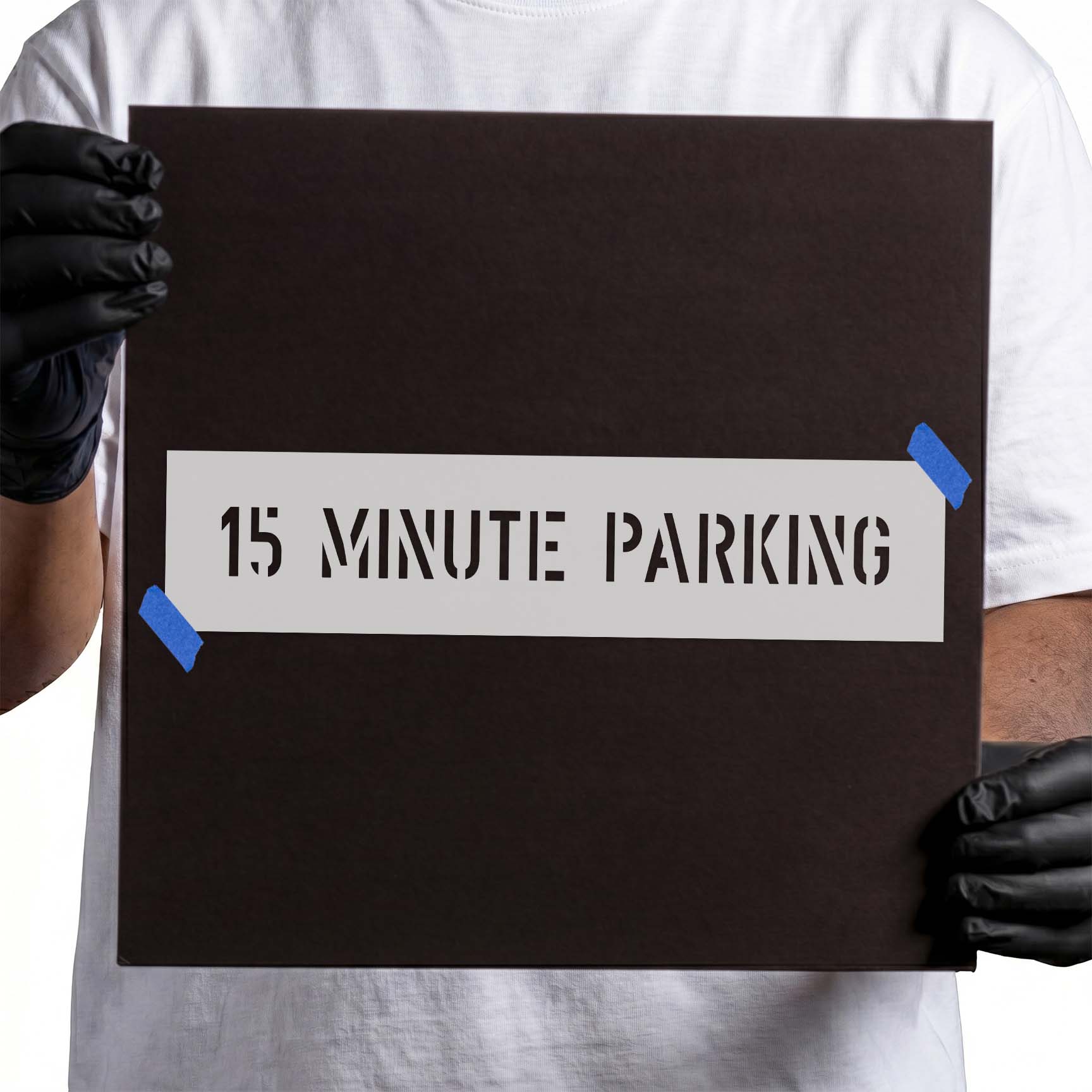 15 minute parking stencil with bold uppercase lettering
