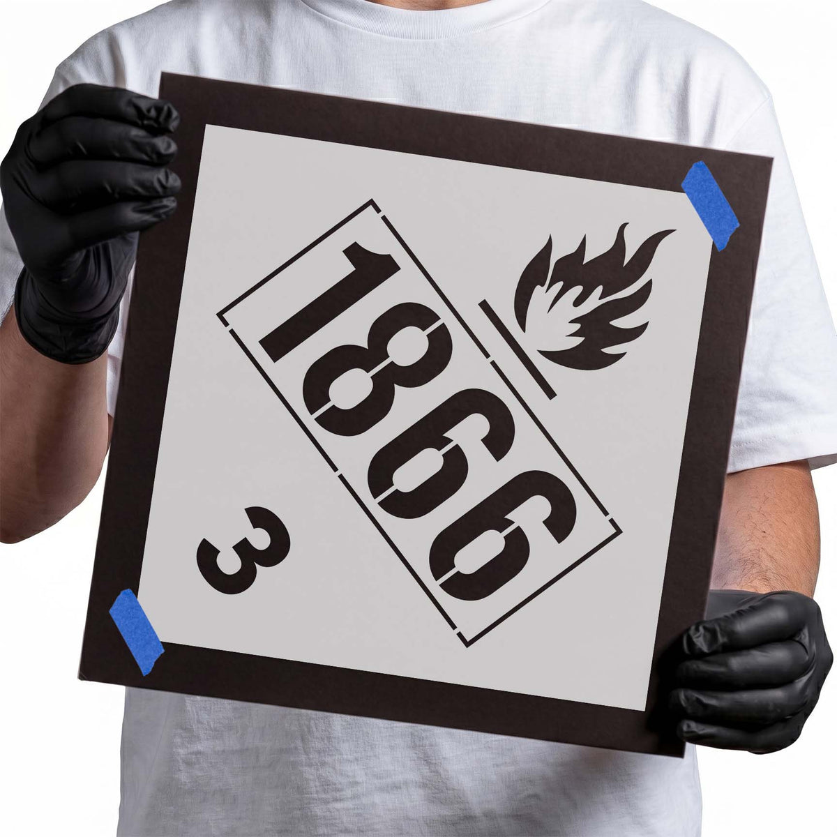 1866 hazard stencil with flame symbol and number 3 marking