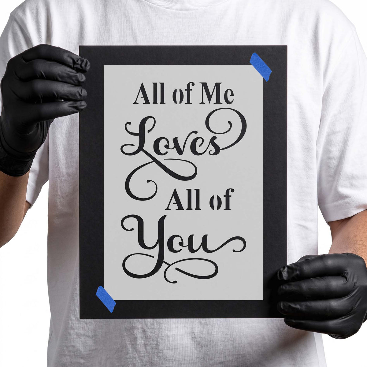 Romantic love quote stencil with flowing script lettering and decorative flourishes