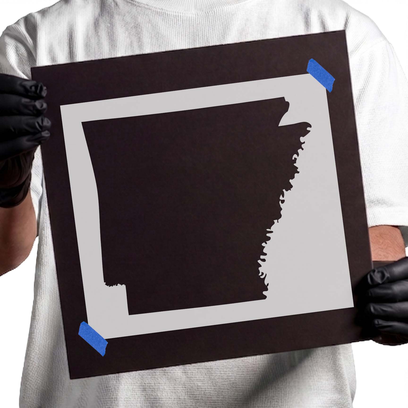 Solid Arkansas map silhouette with detailed eastern state border
